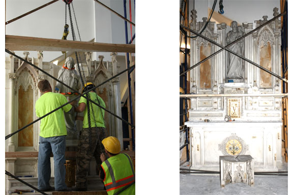 The Sacred Heart and Saint Joseph side altars are assembled.