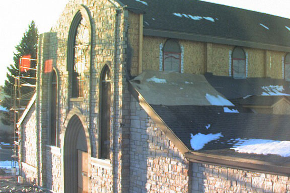 A late February web cam image of the exterior, with stone facade in place.