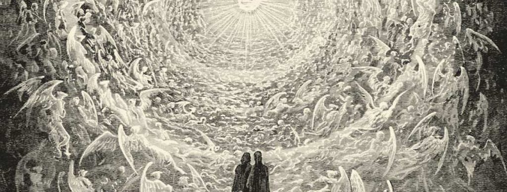 Dante gazing up at the Empyrean of God, surrounded by the blessed