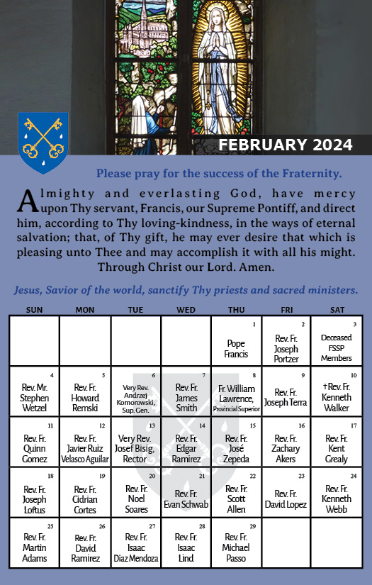 FSSP Monthly Prayer Card Priestly Fraternity of St. Peter