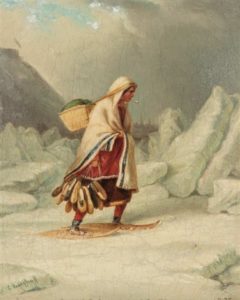 painting of Indian woman walking over ice in snowshoes